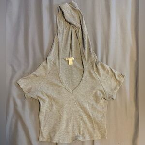 Grey V-Neck Hoodie Cropped Short Sleeve Sweater